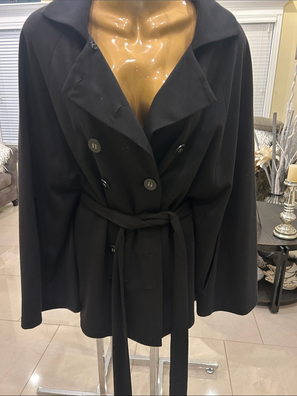 Ashley Stewart Black Double-Breasted Trench Coat with Tie Belt